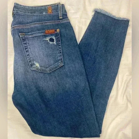 7 For All Mankind The High Waist Ankle Skinny Jeans Distressed Size 28 - Picture 1 of 6